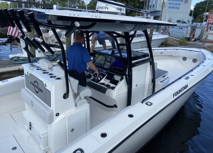  Yacht Photos Pics 2021 Fountain 38 Tournament Edition boat at dock.