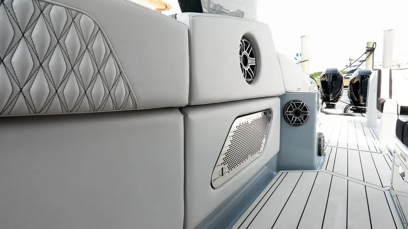  Yacht Photos Pics Luxurious interior of 2025 Cigarette 52 Thunder boat with sleek seating and modern design.