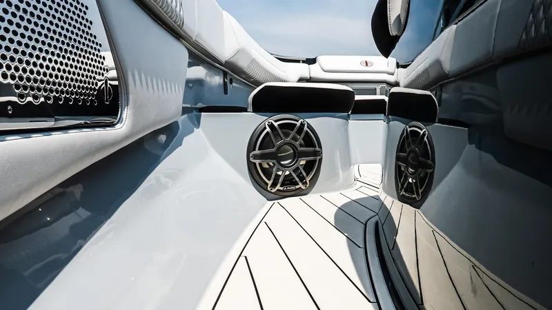  Yacht Photos Pics 2025 Cigarette 52 Thunder boat interior with sleek design and modern audio system.