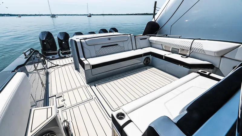  Yacht Photos Pics Luxurious 2025 Cigarette 52 Thunder boat interior with sleek seating and modern design.