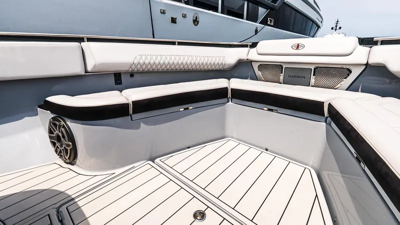 Yacht Photos Pics Luxurious seating area on 2025 Cigarette 52 Thunder boat with sleek design and premium materials.