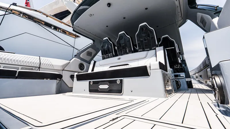  Yacht Photos Pics Luxurious interior of 2025 Cigarette 52 Thunder yacht, featuring sleek seating and modern design.