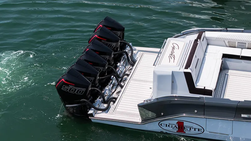  Yacht Photos Pics 2025 Cigarette 52 Thunder boat with multiple powerful outboard engines on water.