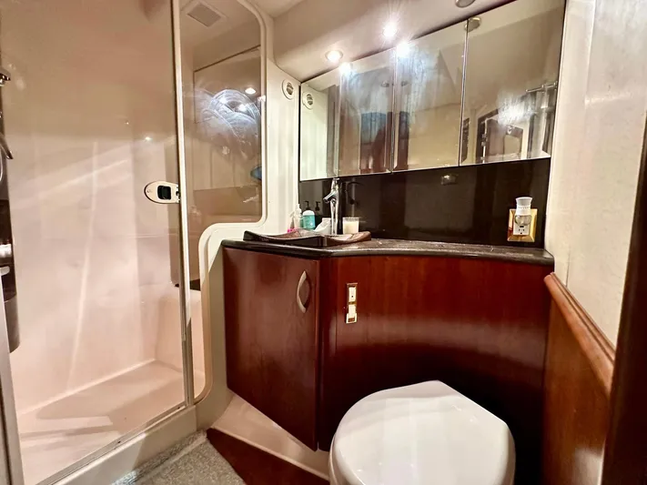 Hippeace Yacht Photos Pics Luxurious bathroom in 2009 Silverton Ovation 52 yacht with shower, sink, and toilet.