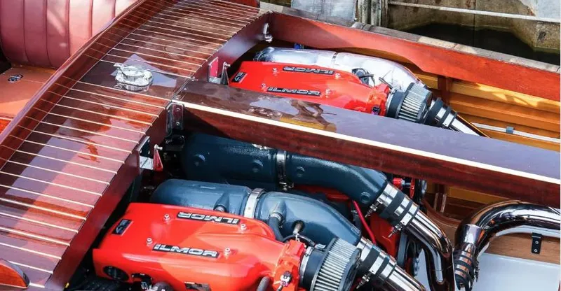 Luv N It Yacht Photos Pics Van Dam 35 boat engine, 2015 model, featuring dual Ilmor engines with polished wood finish.