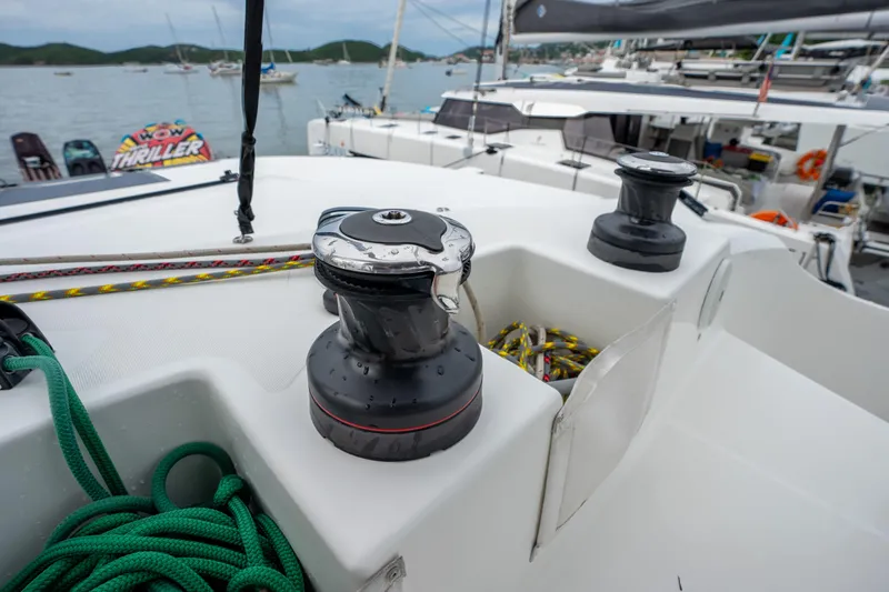  Yacht Photos Pics Lagoon 50 catamaran deck with winches and ropes, docked in a marina, 2020 model.