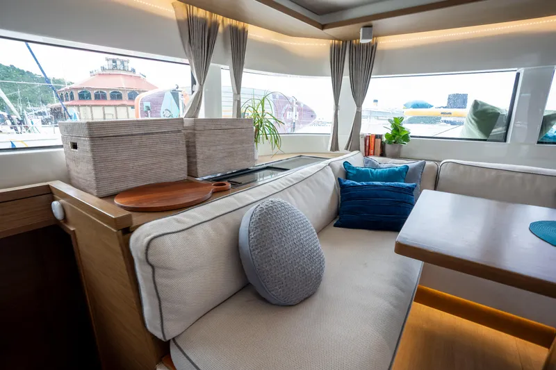  Yacht Photos Pics Luxurious interior of 2020 Lagoon 50 yacht with elegant seating and decor.