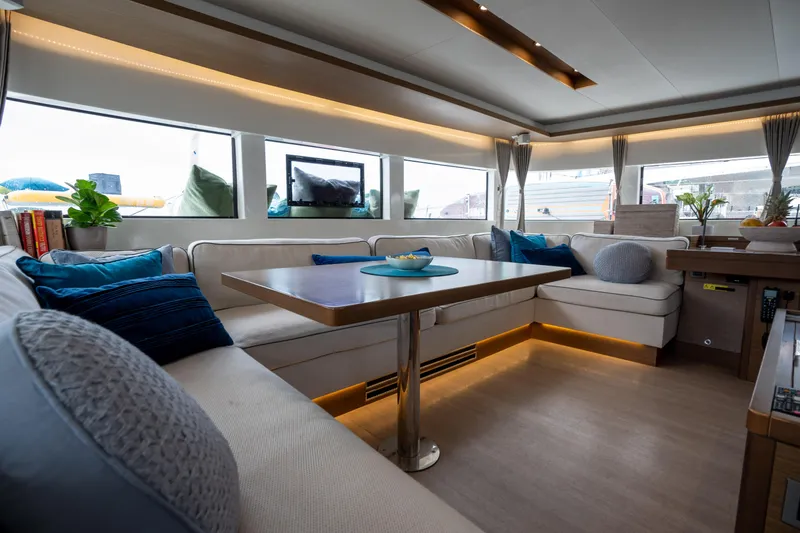  Yacht Photos Pics Luxurious interior of 2020 Lagoon 50 yacht with elegant seating and modern decor.