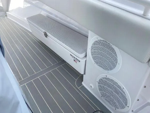 Relapse Yacht Photos Pics 2021 HCB 42 Lujo boat interior with speakers and storage on sleek deck.