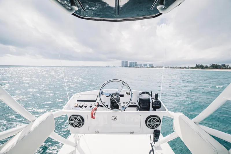 Relapse Yacht Photos Pics Helm of 2021 HCB 42 Lujo boat on open water, clear sky.