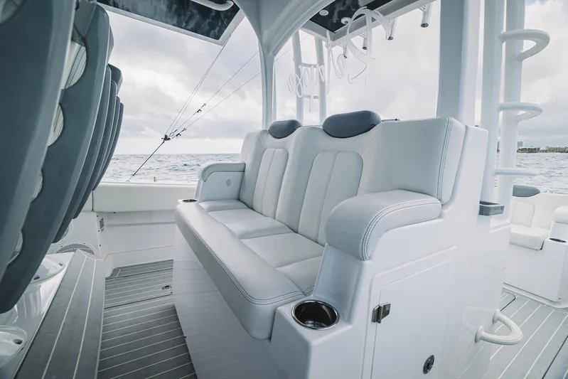 Relapse Yacht Photos Pics 2021 HCB 42 Lujo boat interior with luxurious seating and ocean view.