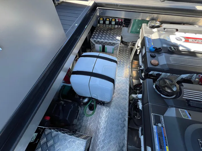 G10 Yacht Photos Pics Engine compartment of 2024 G-Force 10 boat with dual engines and storage.