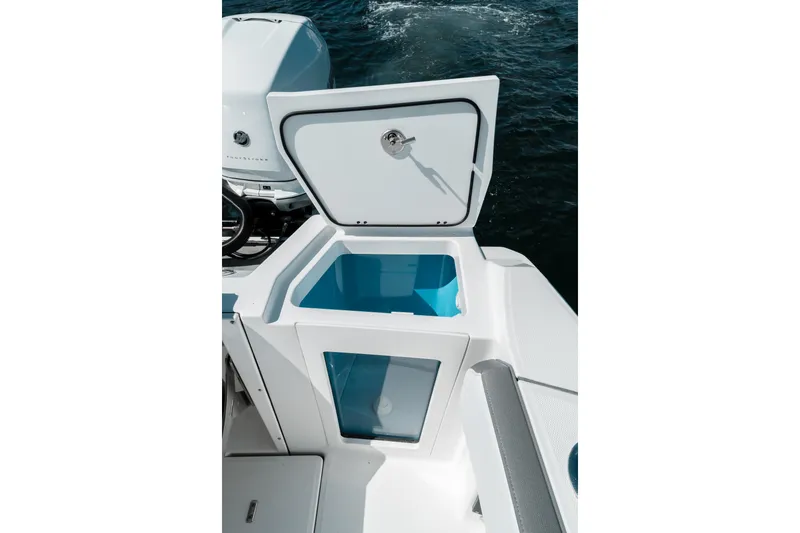  Yacht Photos Pics 2020 Blackfin 332 CC boat with open storage compartment on deck.