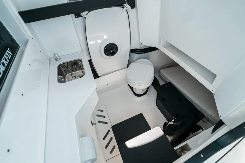  Yacht Photos Pics 2020 Blackfin 332 CC boat interior with toilet, sink, and seating area.