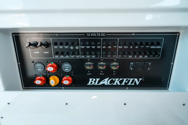  Yacht Photos Pics Control panel of 2020 Blackfin 332 CC boat, featuring switches and dials.