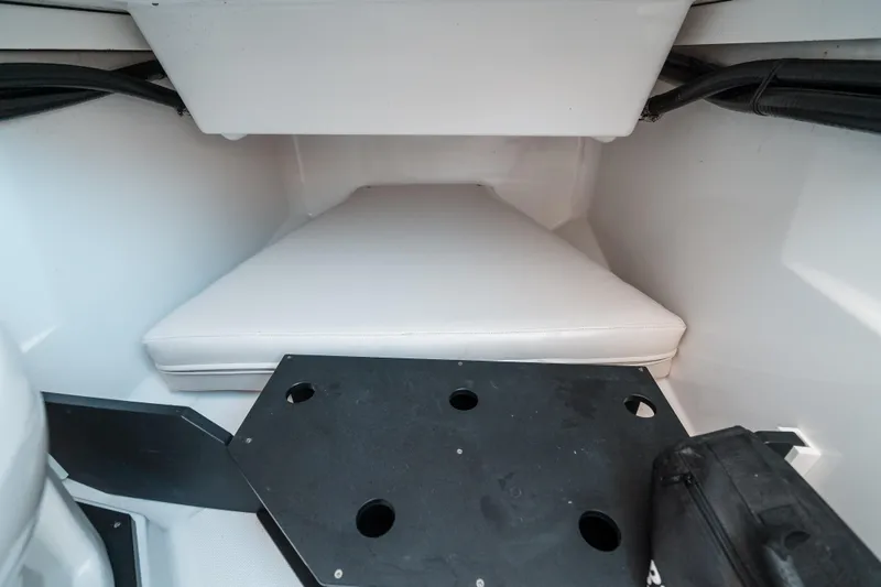  Yacht Photos Pics 2020 Blackfin 332 CC cabin interior with white cushioned seating.