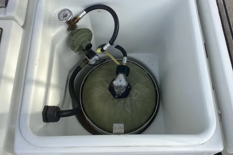 At Last Yacht Photos Pics Propane tank setup in a Beneteau Oceanis 45 sailboat, 2012 model.