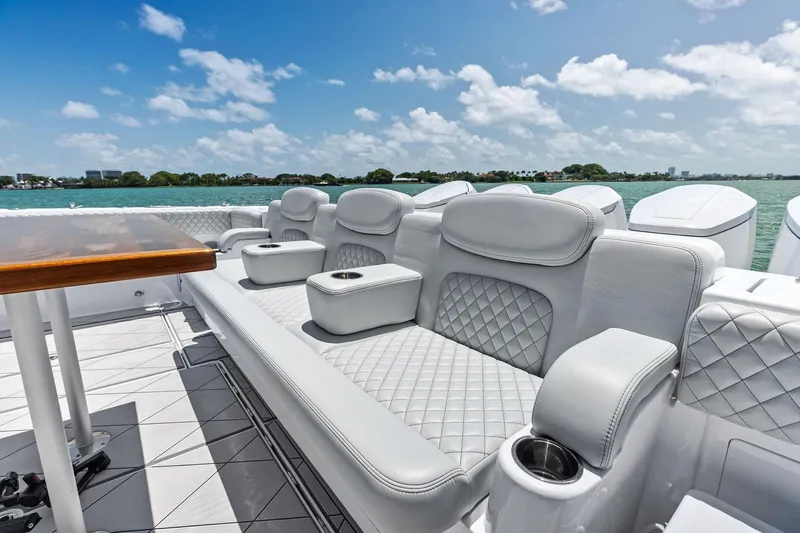  Yacht Photos Pics Luxurious seating on 2025 HCB 56 Suenos GIX yacht with ocean view.