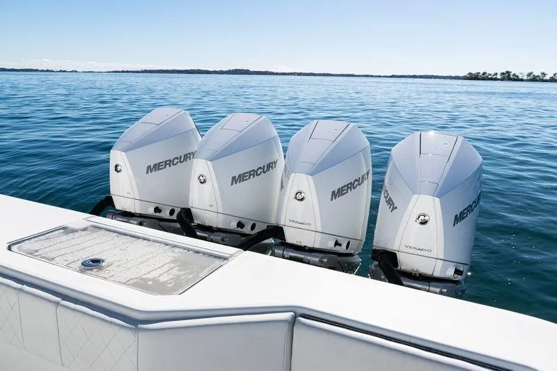  Yacht Photos Pics Four Mercury outboard engines on a 2016 SeaVee 390Z boat in open water.