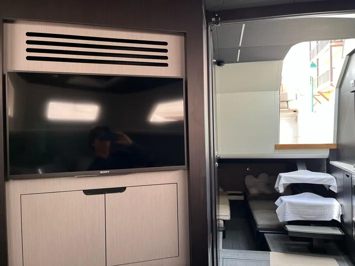  Yacht Photos Pics Interior of 2022 Windy SR 44 BLACKHAWK yacht with TV and seating area.