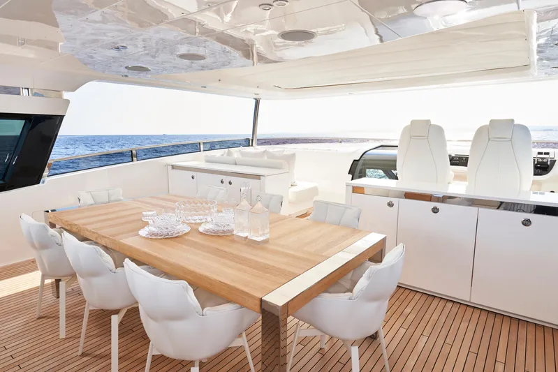 Nadira Yacht Photos Pics Luxurious 2019 Princess 30M yacht deck with elegant dining area and ocean view.