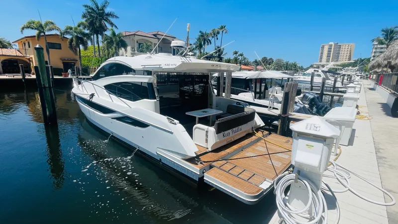 Keep Paddlin' Yacht Photos Pics 2019 Galeon 430 HTC yacht docked on a sunny day.