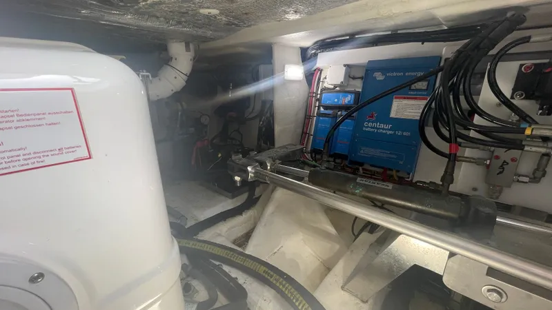 Keep Paddlin' Yacht Photos Pics Engine room of 2019 Galeon 430 HTC with Victron Energy charger.