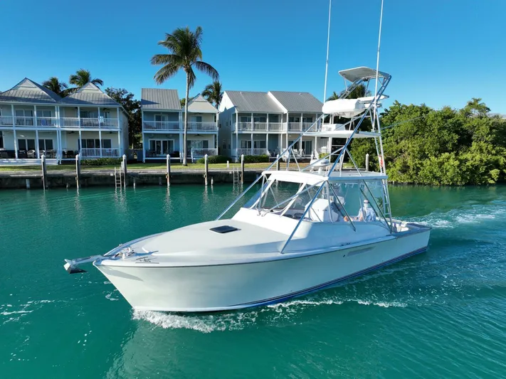 R & R Yacht Photos Pics Stolper 3800 Tournament Express 2000 cruising in tropical waters near waterfront homes.