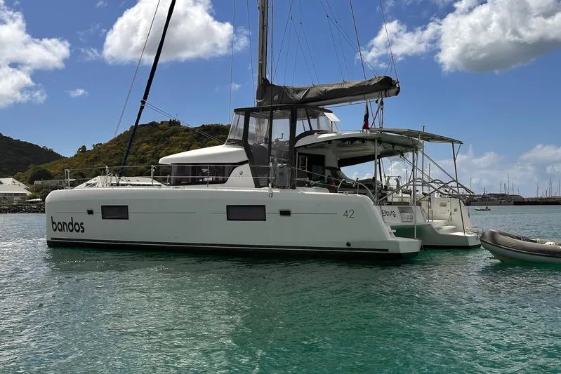  Yacht Photos Pics 2016 Lagoon 42 catamaran anchored in a scenic harbor with clear skies.