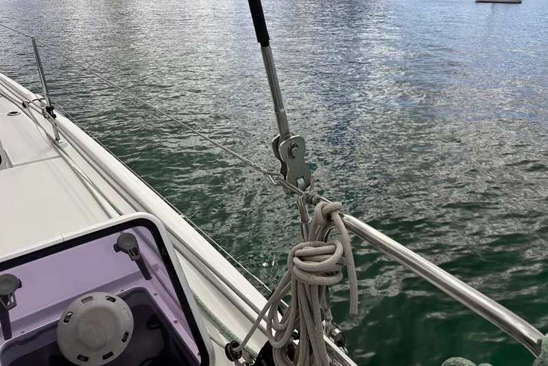  Yacht Photos Pics Lagoon 42 sailboat deck with rigging details, 2016 model, on calm water.