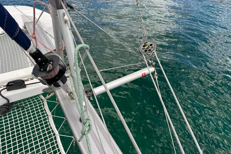  Yacht Photos Pics Lagoon 42 catamaran rigging details, 2016 model, with ocean background.