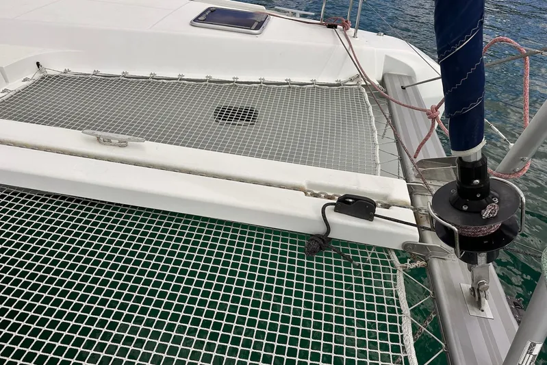  Yacht Photos Pics 2016 Lagoon 42 catamaran deck with netting and rigging details.