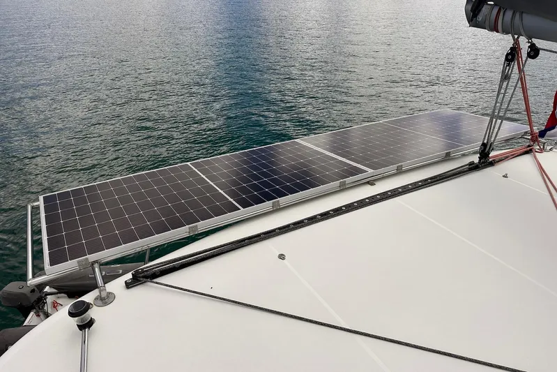  Yacht Photos Pics Solar panels on 2016 Lagoon 42 catamaran, harnessing renewable energy on the water.