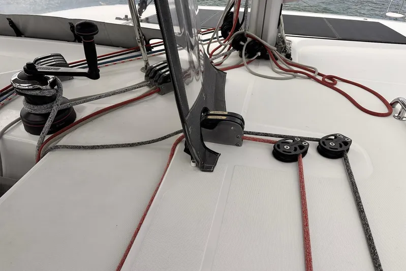  Yacht Photos Pics Sailing equipment on 2016 Lagoon 42 catamaran deck with ropes and winches.