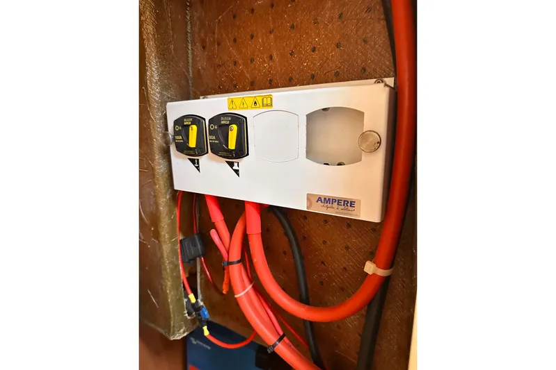  Yacht Photos Pics Electrical panel with switches and cables on a 2016 Lagoon 42 boat.