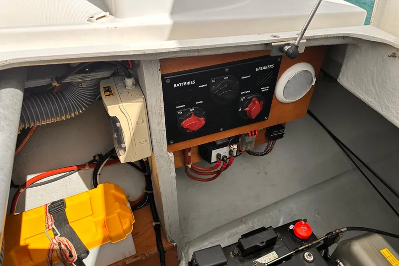  Yacht Photos Pics Electrical panel and battery compartment of a 2016 Lagoon 42 catamaran.