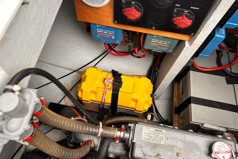  Yacht Photos Pics Electrical system of a 2016 Lagoon 42 catamaran, featuring battery and control panel.