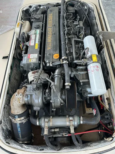  Yacht Photos Pics Engine of a 2001 Hinckley Classic 36 Picnic Boat, showcasing Yanmar diesel components.