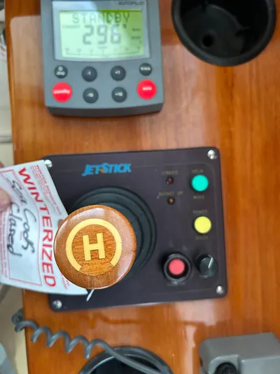  Yacht Photos Pics Hinckley Classic 36 Picnic Boat 2001 dashboard with JetStick control and winterized tag.