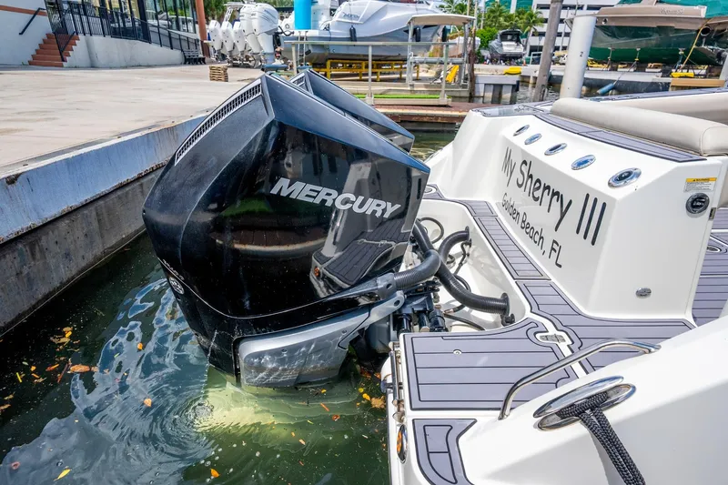 My Sherry III Yacht Photos Pics 2018 Boston Whaler 280 Outrage with Mercury engine docked at marina, "My Sherry III" visible.