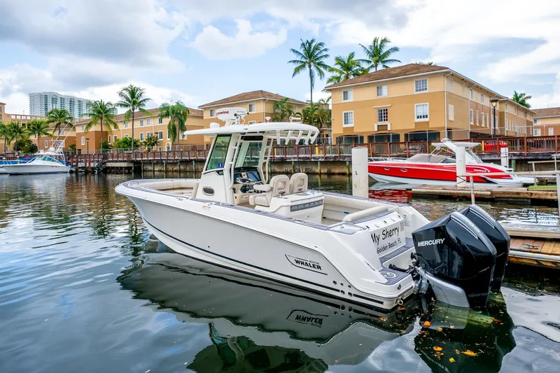 My Sherry III Yacht Photos Pics 2018 Boston Whaler 280 Outrage docked in a scenic marina with palm trees.