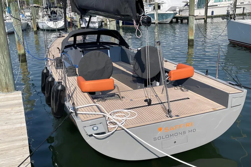 Saffire Yacht Photos Pics 2022 Saffier 33 Life sailboat docked, featuring sleek design and modern amenities.
