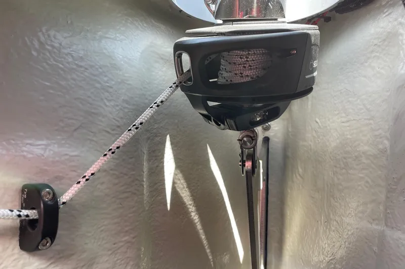 Saffire Yacht Photos Pics Close-up of a 2022 Saffier 33 Life sailboat winch and rope system.
