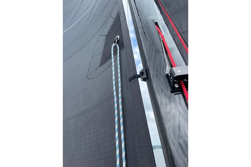 Saffire Yacht Photos Pics Close-up of Saffier 33 Life sailboat rigging, showcasing ropes and sail details, 2022 model.