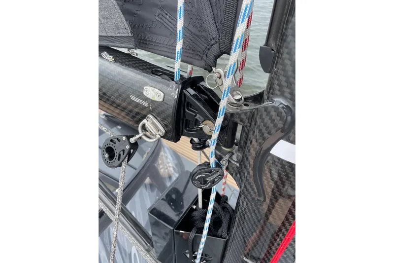 Saffire Yacht Photos Pics Close-up of 2022 Saffier 33 Life sailboat rigging and carbon fiber components.