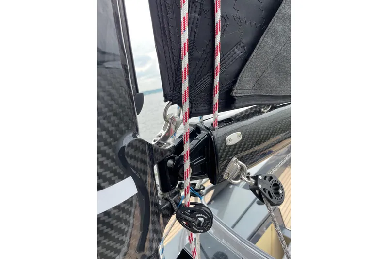 Saffire Yacht Photos Pics Close-up of 2022 Saffier 33 Life sailboat rigging and carbon fiber components.