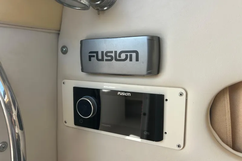  Yacht Photos Pics Fusion stereo system on 2004 Grady-White Marlin 300 boat interior.