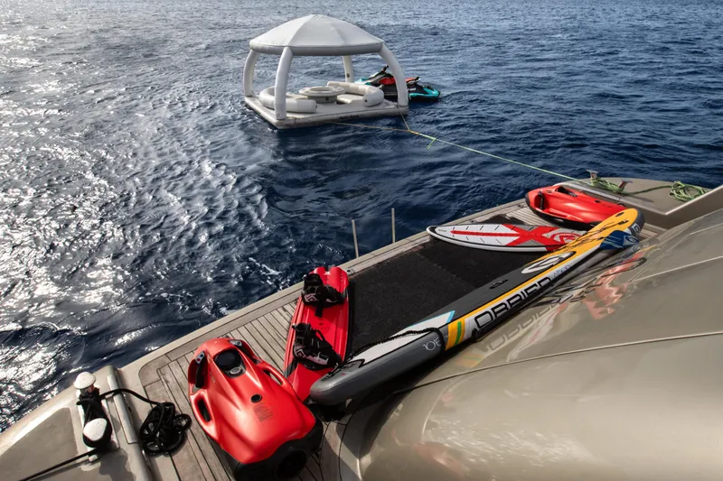 My Mr J Yacht Photos Pics Luxury yacht ISA 120 with water sports gear and floating lounge, 2006 model.