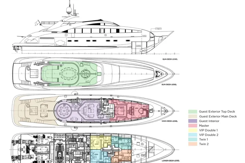 My Mr J Yacht Photos Pics Blueprint of 2006 ISA 120 yacht, showcasing detailed deck layouts and guest accommodations.