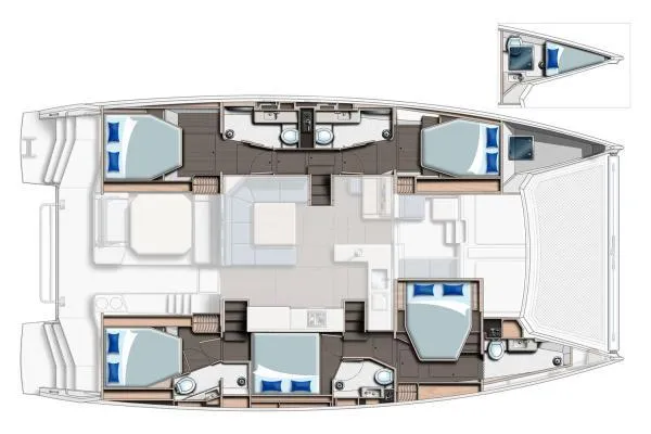 Old Marblehead Yacht Photos Pics Floor plan of a 2024 Leopard 50 catamaran, featuring multiple cabins and bathrooms.